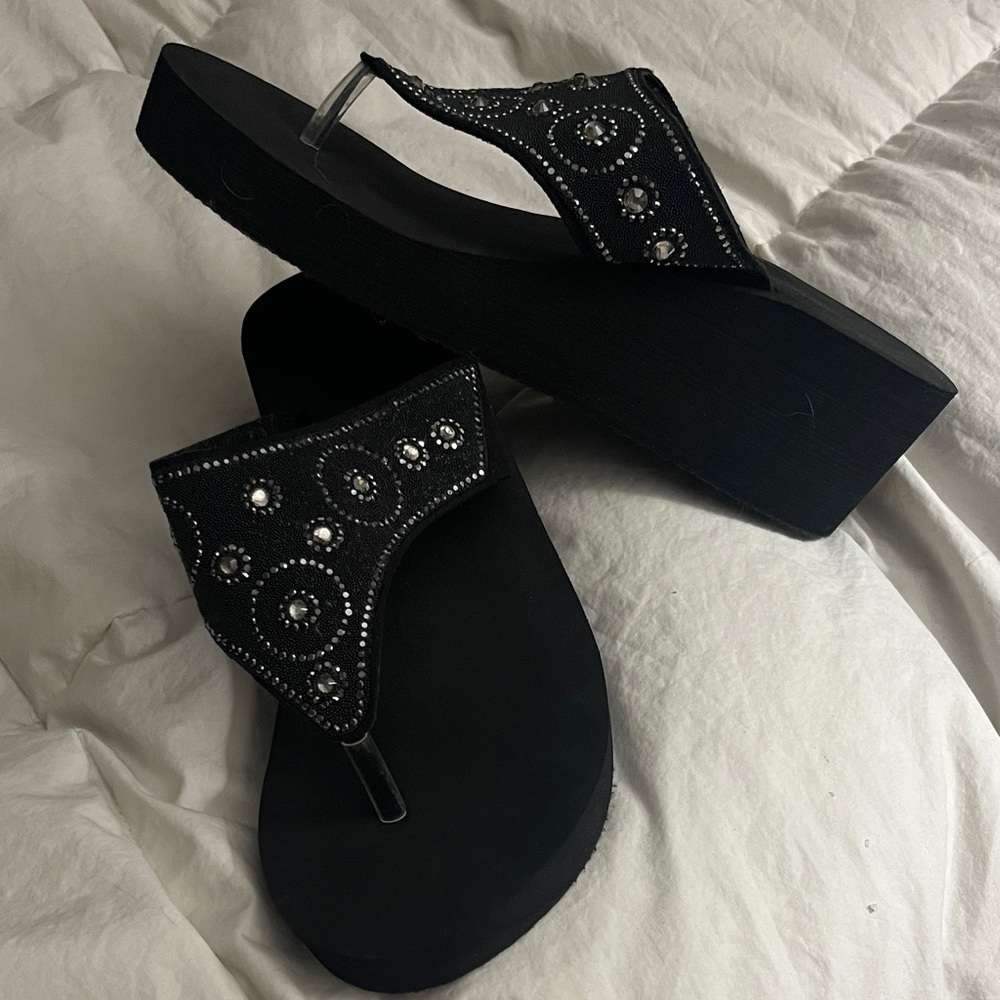 Wedge Thong Sandals with Crystal Embellishments - Black